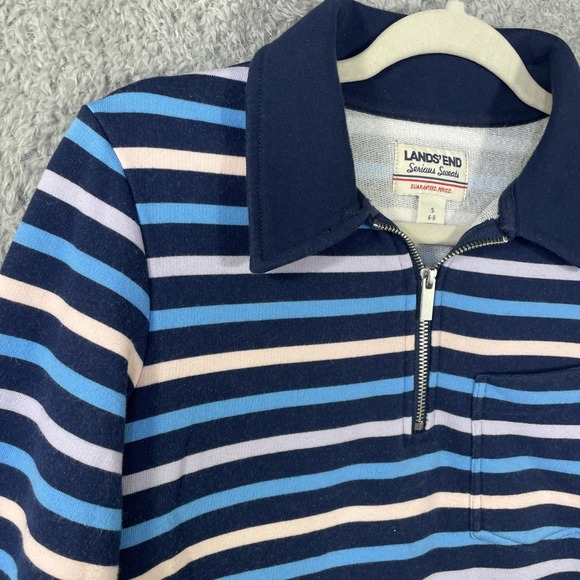 Lands' End Serious Sweats Women's Small 1/4 Zip Sweater Blue Striped Cotton - Picture 2 of 9